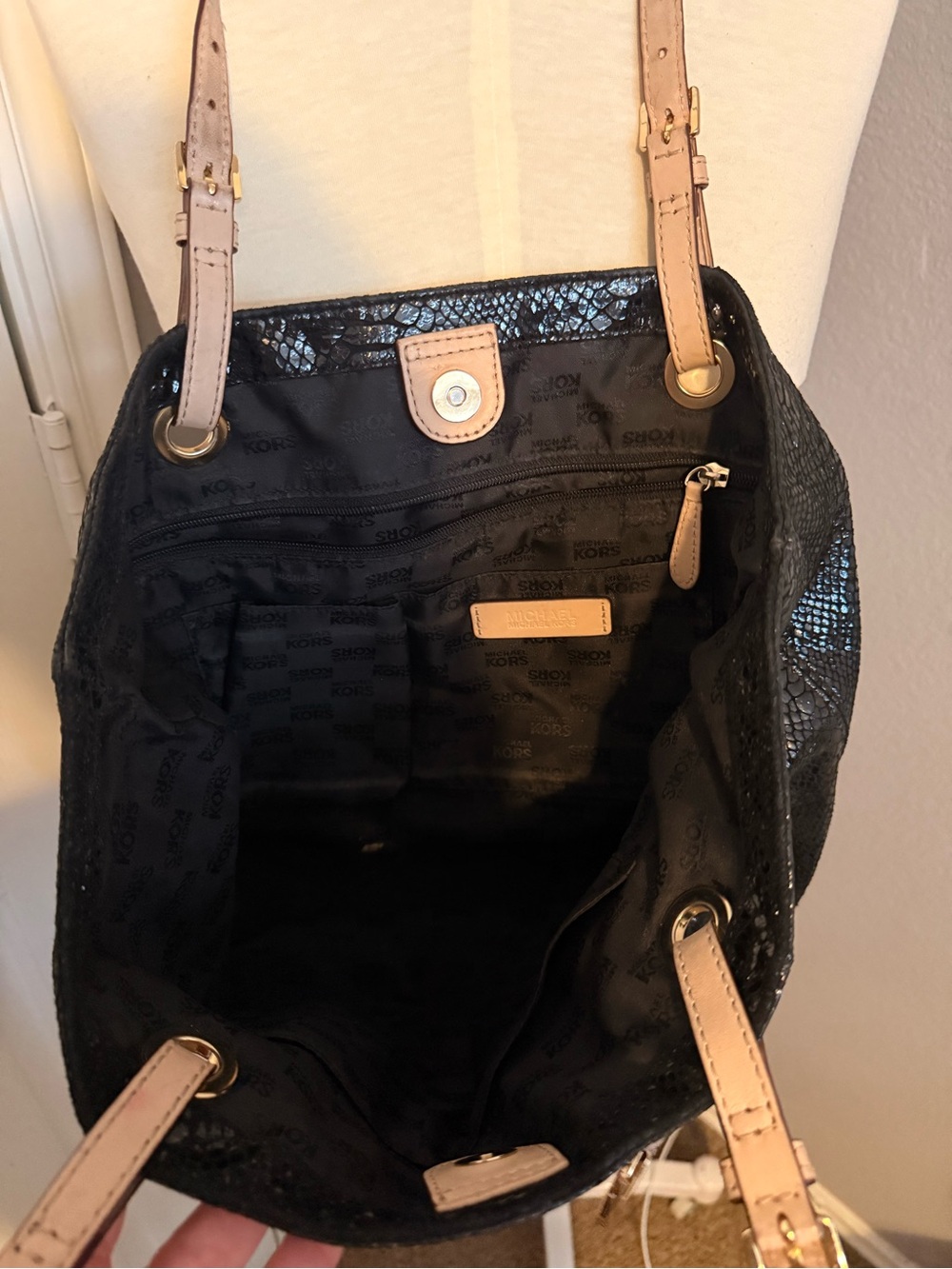 Michael Kors Black Snake-Embossed Tote with Tan Straps - Picture 5 of 6